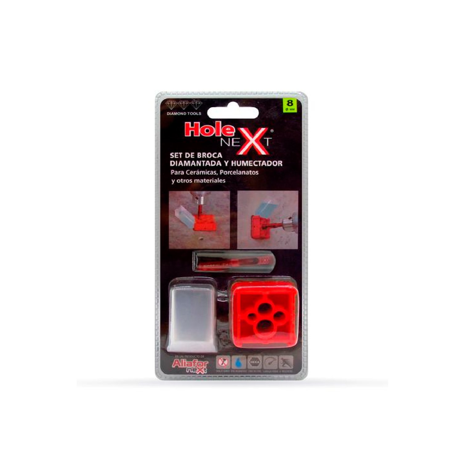 Broca Diamantada 8mm + Humectador + Bases Aliafor Hole Next