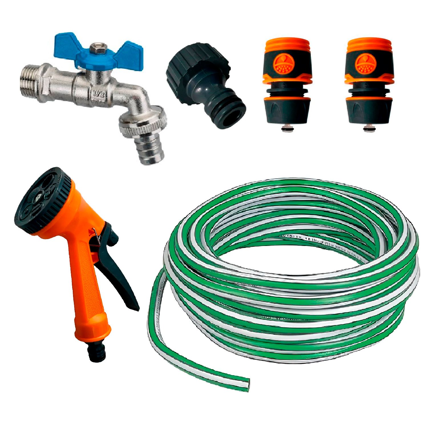 Combo Riego Manguera 15m + Pistola 5 Pos + Acoples + Canilla