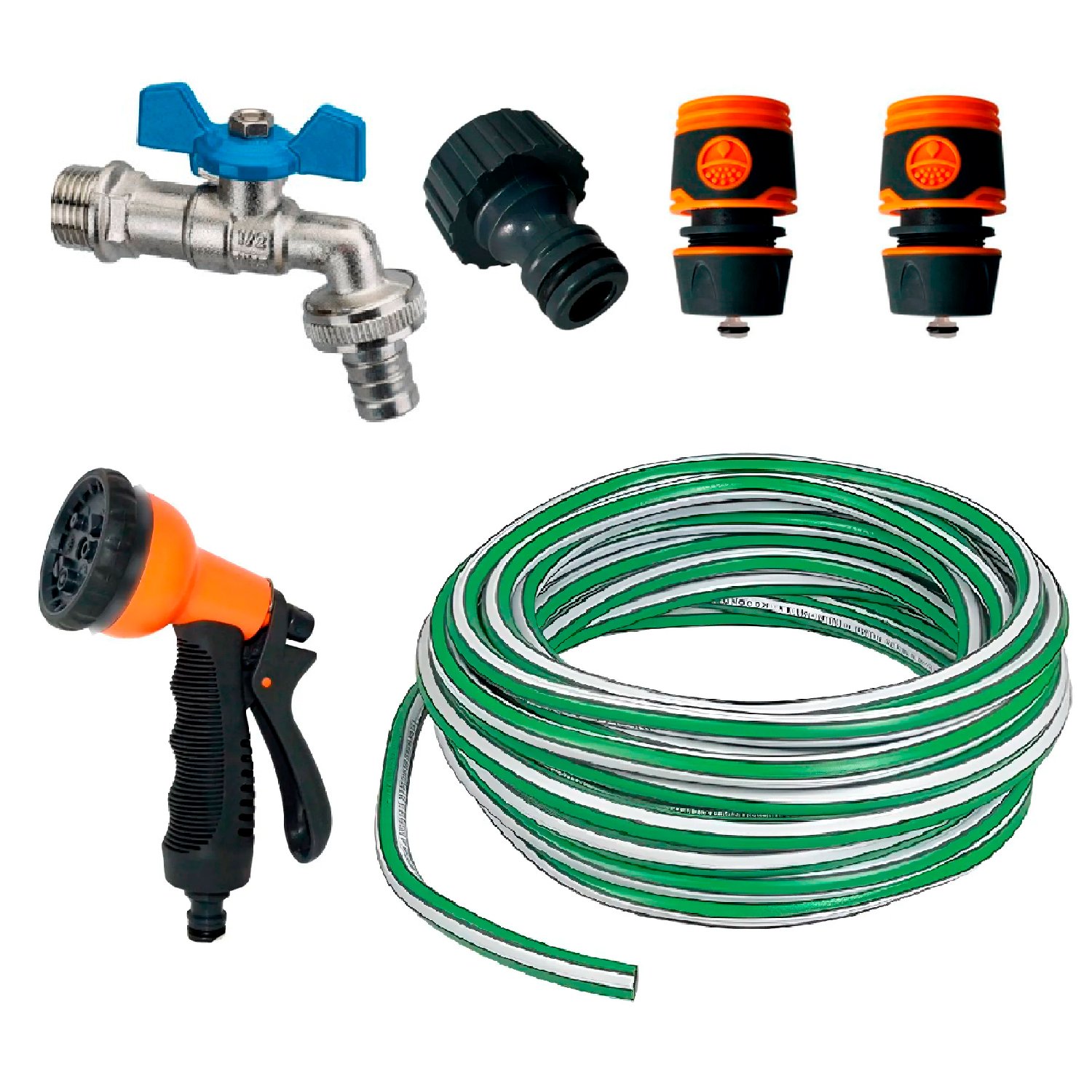 Combo Riego Manguera 15m + Pistola 8 Pos + Acoples + Canilla