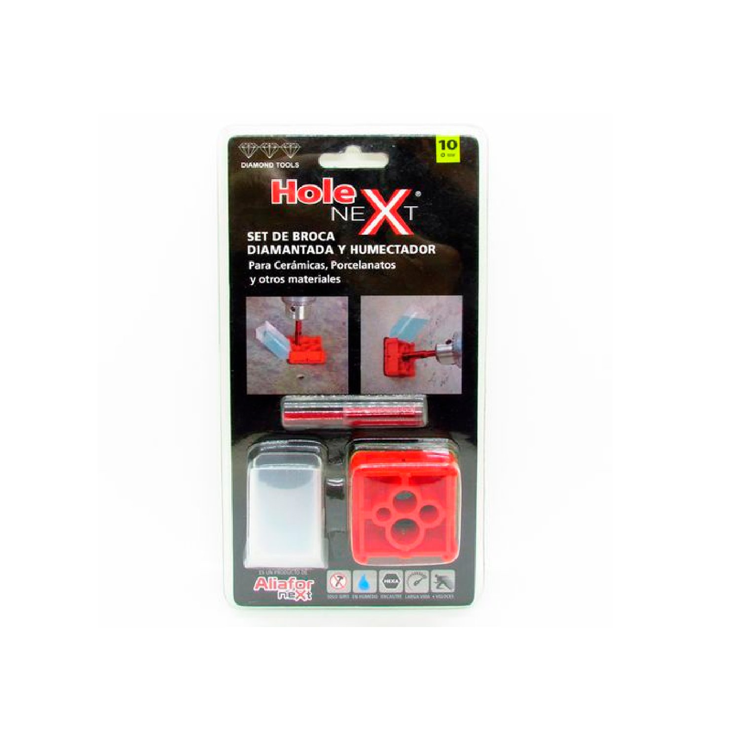 Broca Diamantada 10mm + Humectador + Bases Aliafor Hole Next