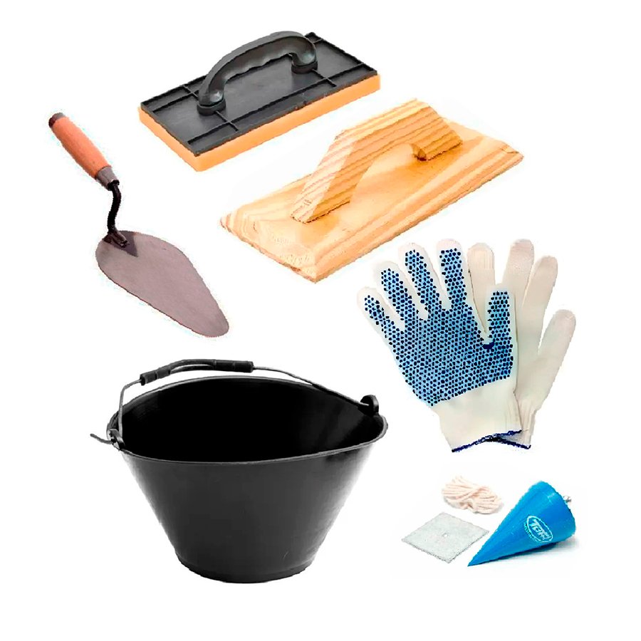 Combo Kit Albañil Cuchara Balde Fratachos Plomada Guantes
