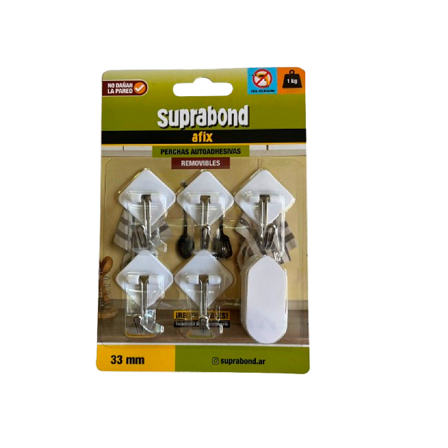 Percha Autoadhesiva Removible Gancho Metal 5 Unid Suprabond